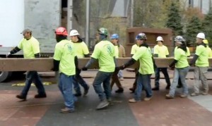 Crew stacks set pieces for the Pittsburgh Creche